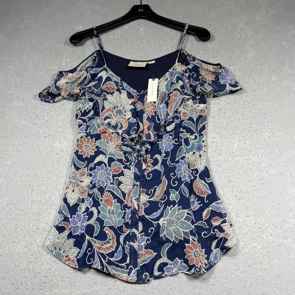 Anthropologie Maeve Blouse Top Women’s Size 6 Navy Floral Ruffle Open-Shoulder - Picture 8 of 15